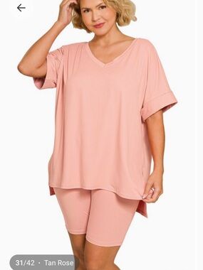 Plus Size V-Neck Lounge Top & Bike Shorts Set - Tan Rose